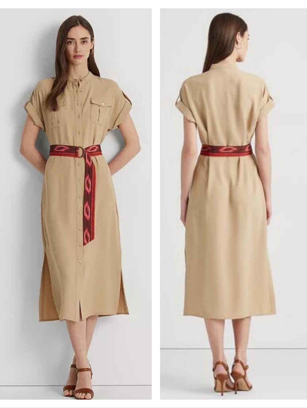 Lauren Ralph Lauren beige georgette utility Midi shirt dress cuffed Sz 10 Safari